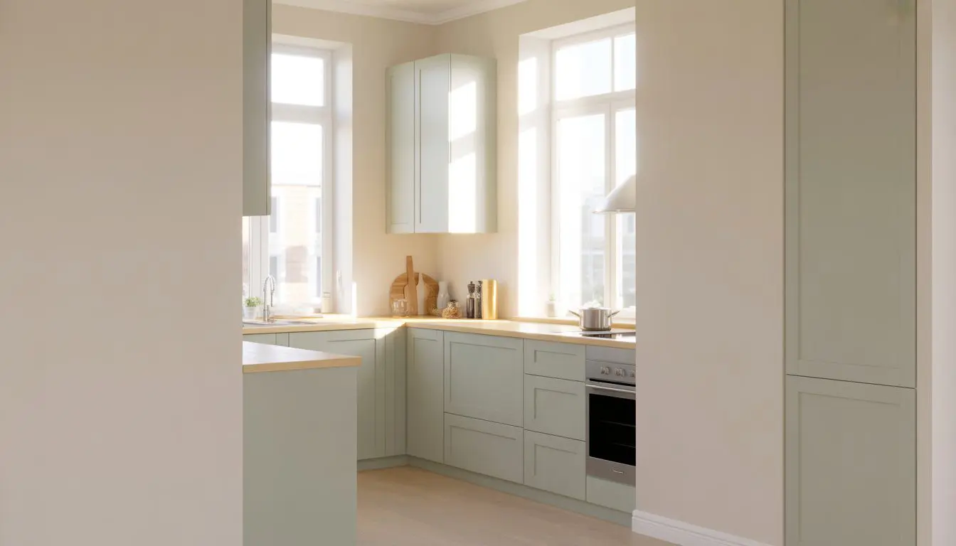 A small kitchen with light-colored walls and cabinets, natural light coming through windows, and modern appliances.