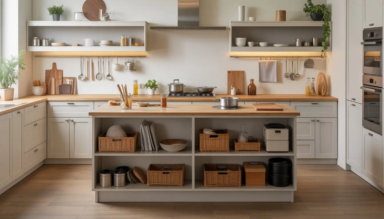 A small kitchen with a kitchen island that has built-in storage and ample countertop space.