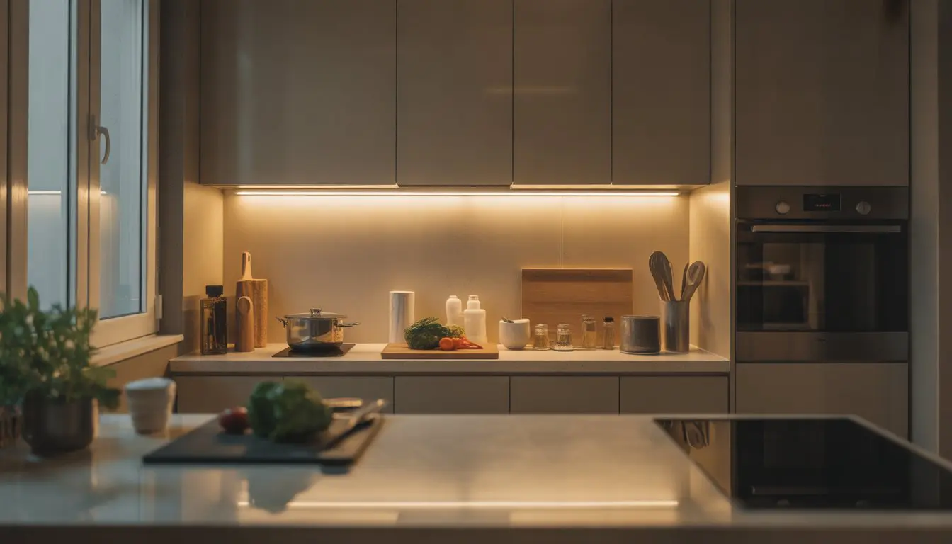 Small kitchen with under-cabinet lighting illuminating a clean countertop workspace with cooking tools and fresh vegetables.