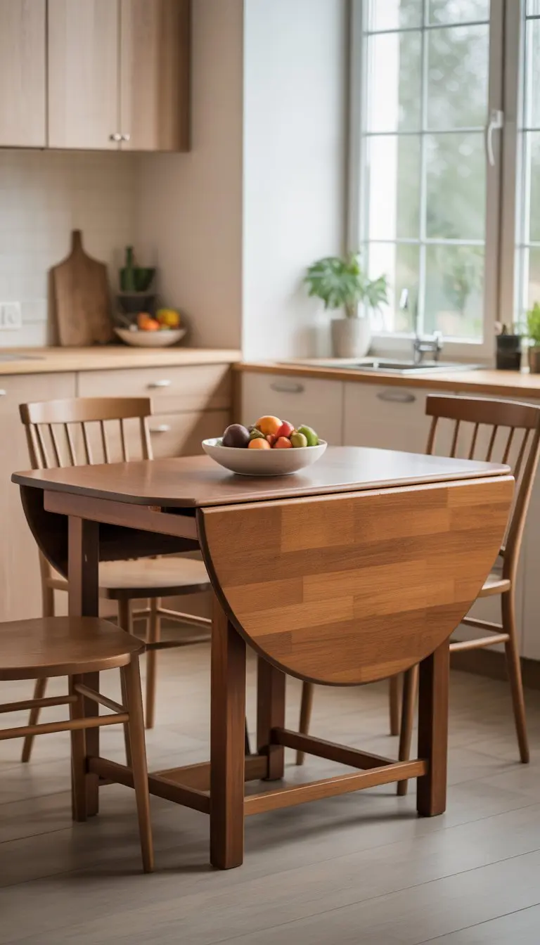 A small kitchen with a wooden drop-leaf table partially extended and surrounded by chairs, with kitchen cabinets and a window in the background.