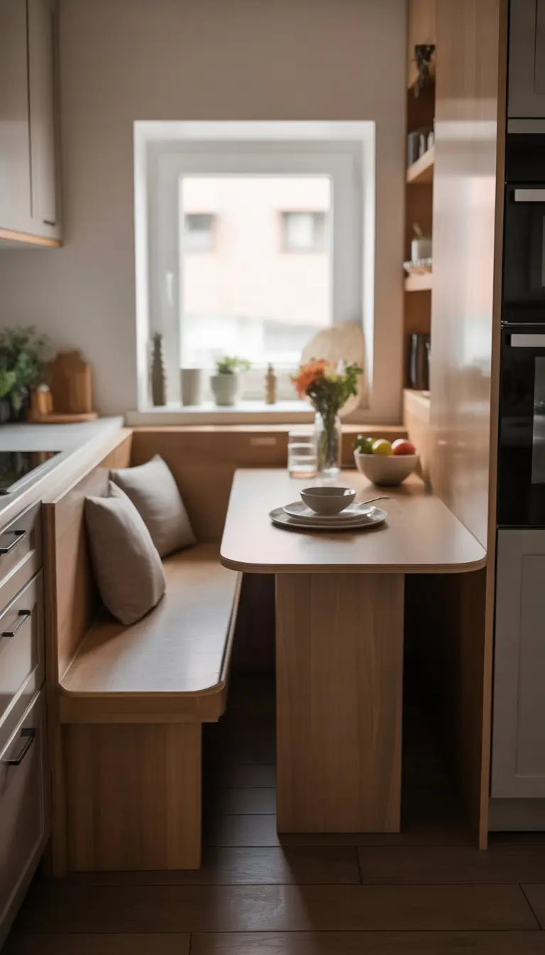 Small kitchen dining area with a narrow rectangular table and bench seating along one side.