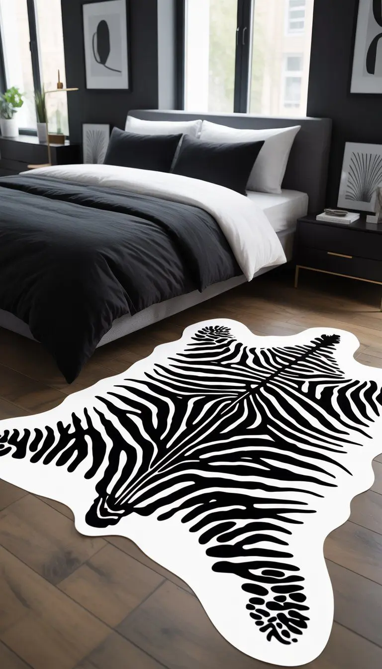 A bedroom with a black and white zebra print rug on the floor, a black bed with white bedding, and natural light coming through windows.