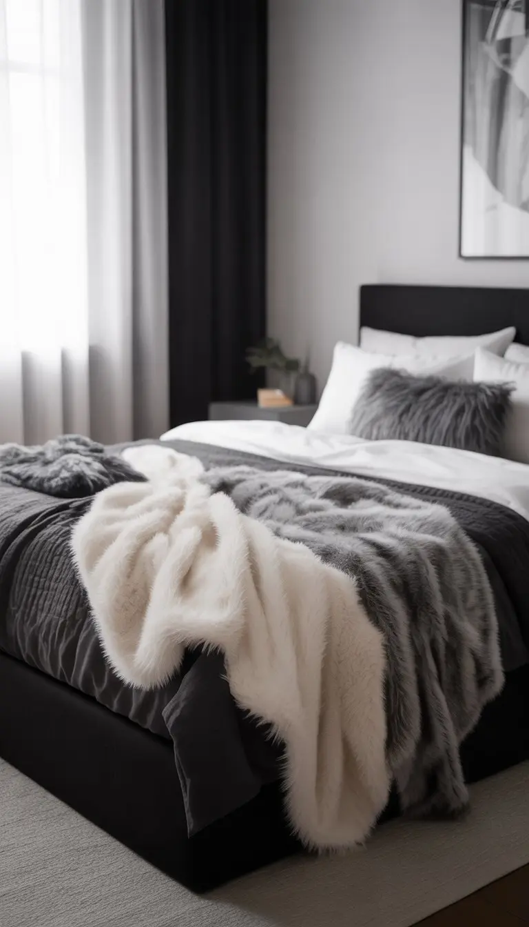 A bedroom with a black bed frame, white bedding, grey and white faux fur throws, and soft natural light coming through a window.