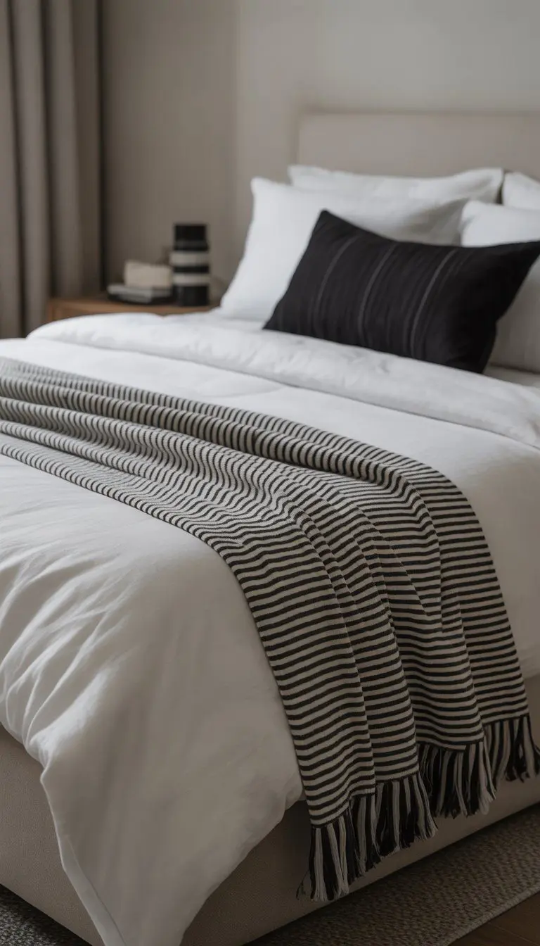 A neatly made bed with black and white striped throw blankets in a bedroom with black and white decor and minimalist furniture.