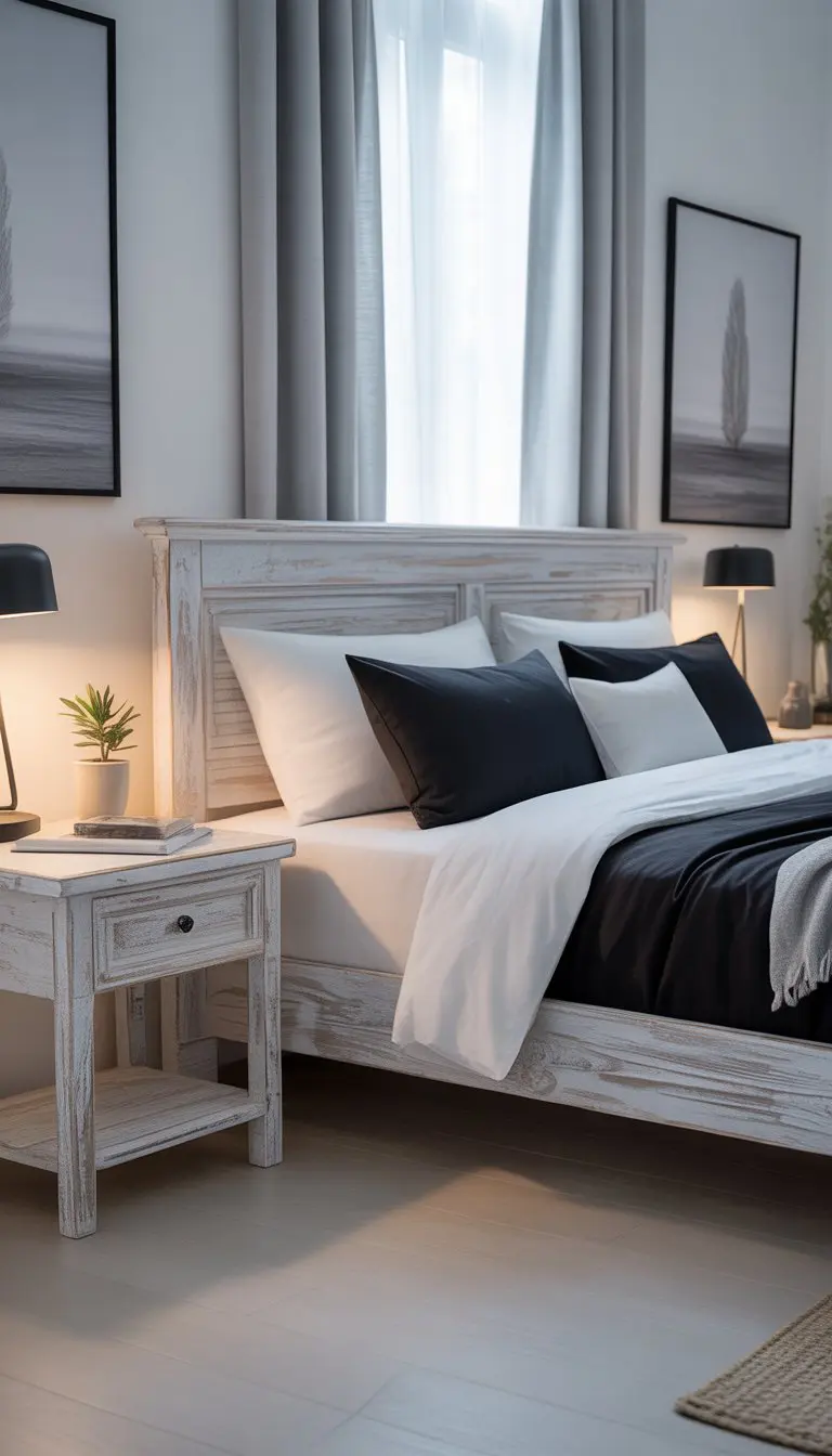 A bedroom with whitewashed wooden bed and furniture, black and white bedding, natural light coming through a window with sheer curtains.