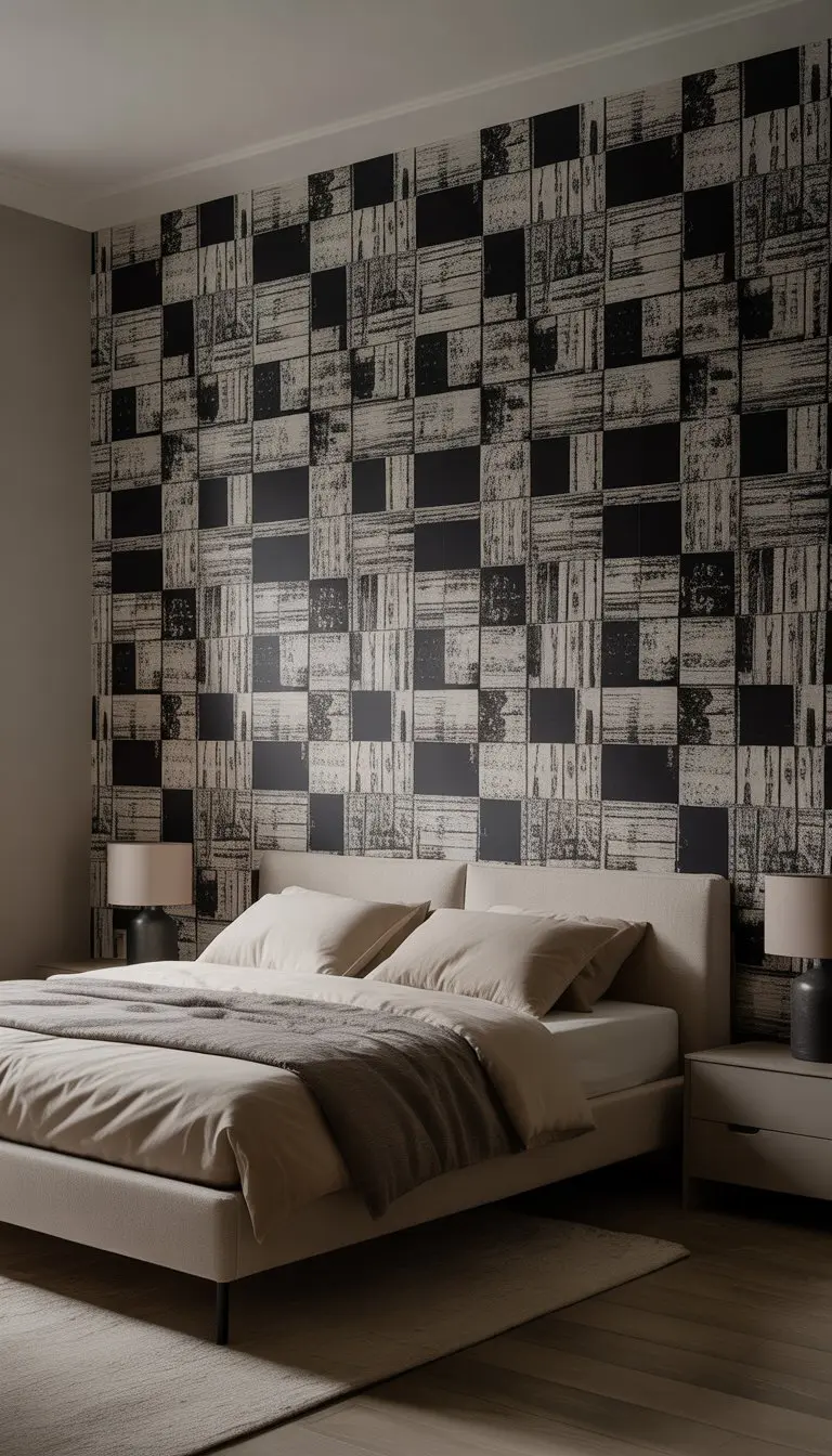 A bedroom with a bed and an accent wall covered in bold black and white patterned wallpaper.