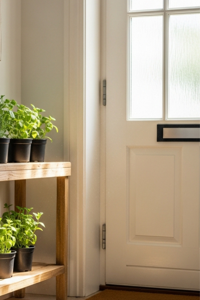 A bright entryway with small potted rosemary and mint plants placed near the door on a wooden shelf and floor.