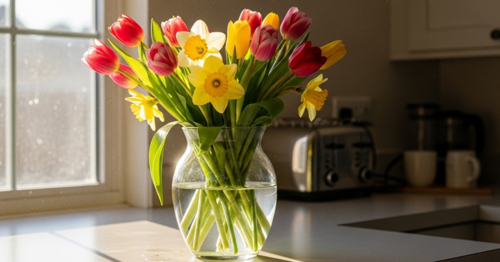 A glass vase with fresh tulips and daffodils on a kitchen countertop with sunlight coming through a window.