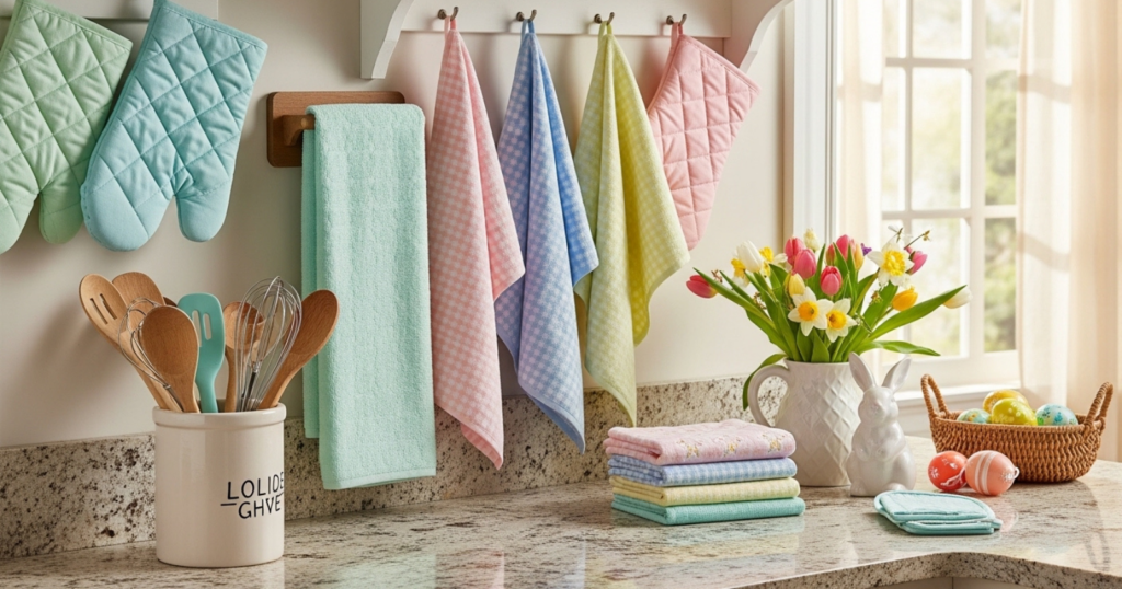 A kitchen counter with pastel-colored dish towels and oven mitts hanging and draped, surrounded by cooking utensils and spring-themed decorations.