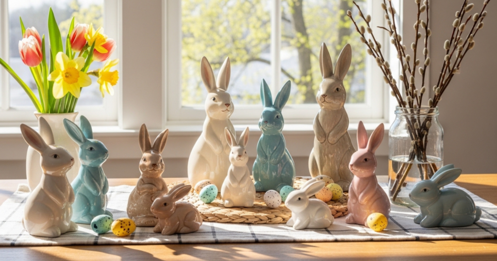 A collection of ceramic bunny figurines displayed on a kitchen countertop with spring decorations and natural light.