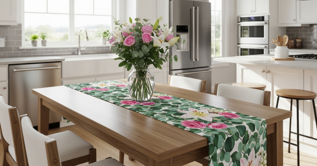 Dining table with a floral table runner and fresh flowers in a bright kitchen.