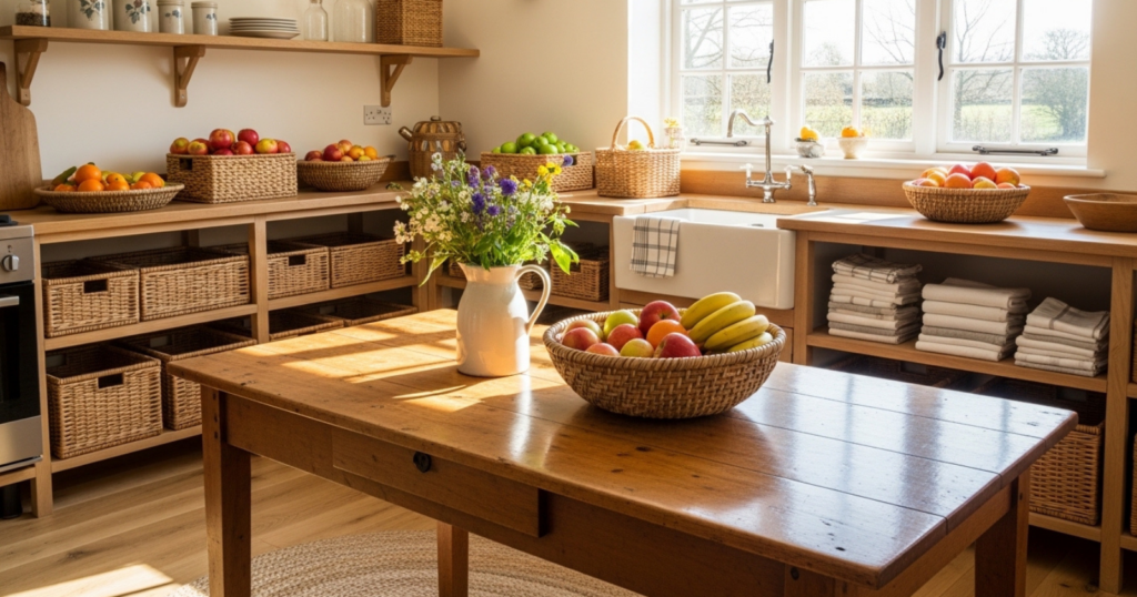 A kitchen with wicker baskets holding fruits and folded linens on shelves and a wooden table, lit by natural sunlight.
