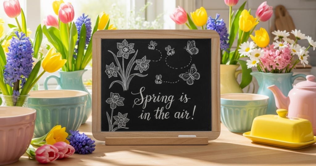 A small chalkboard decorated with spring-themed drawings in a bright kitchen surrounded by flowers and pastel-colored kitchenware.