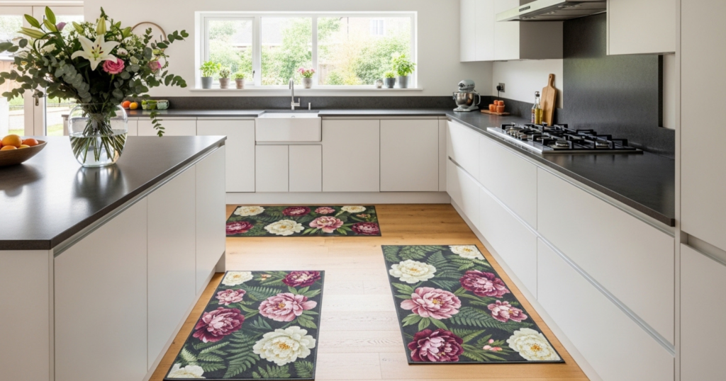 A modern kitchen with floral-patterned floor mats on wooden floors and fresh flowers on the countertop.