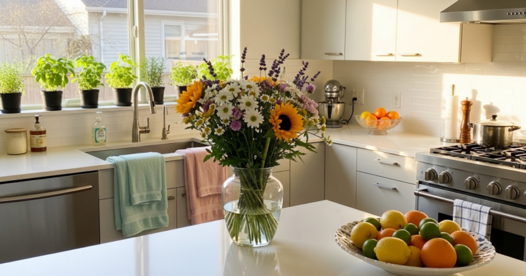 A sunlit modern kitchen decorated with fresh flowers, pastel-colored towels, citrus fruits, and potted herbs on the windowsill.