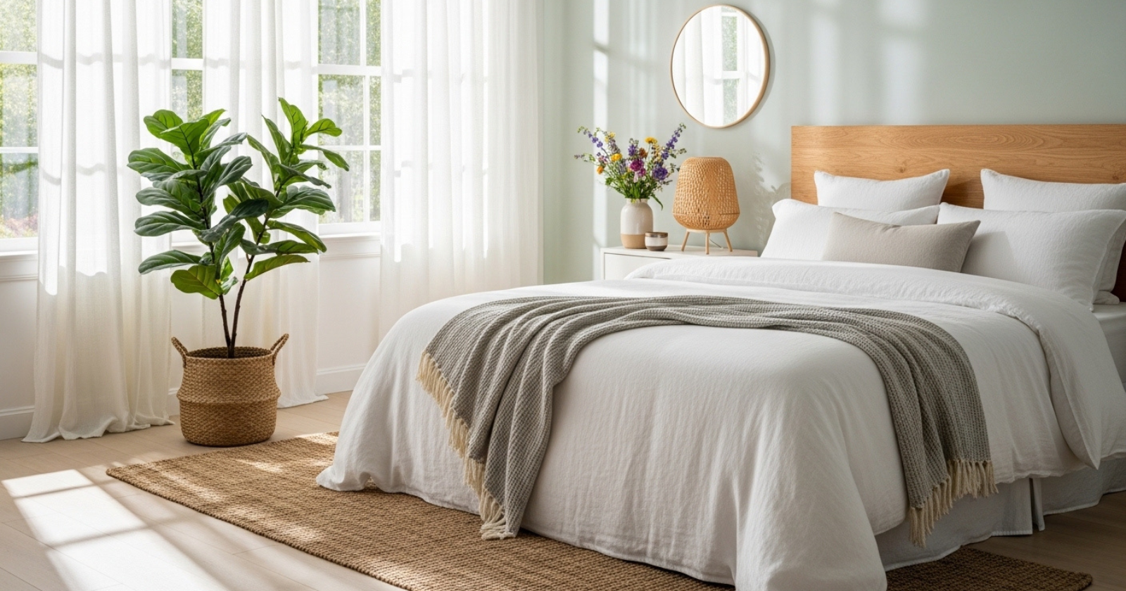 A bright summer bedroom with a neatly made bed, natural decor, plants, and sunlight streaming through windows.