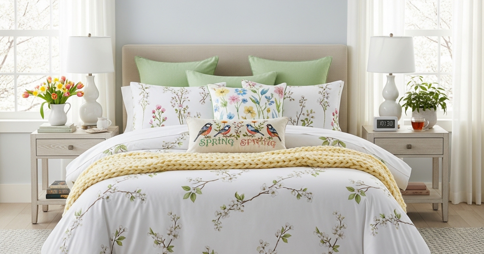 A bedroom with twelve beds arranged to display various spring-themed bedding sets featuring pastel colors and floral patterns, surrounded by plants and natural light.