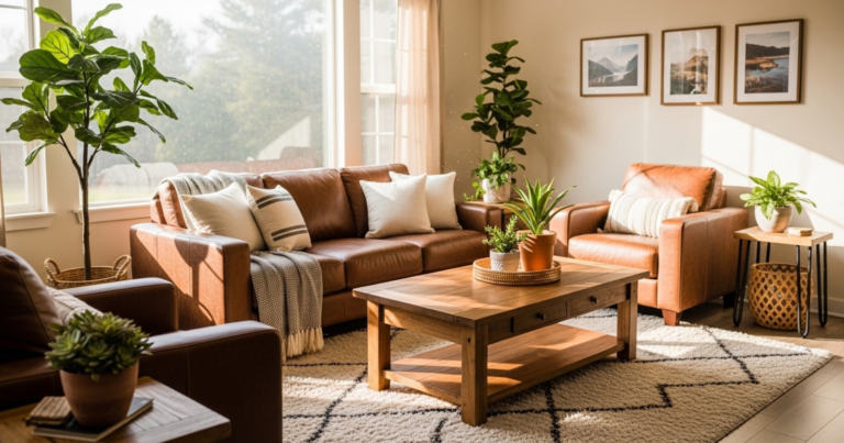 A living room with brown sofa, armchairs, wooden coffee table, rug, and decorative plants in natural light.