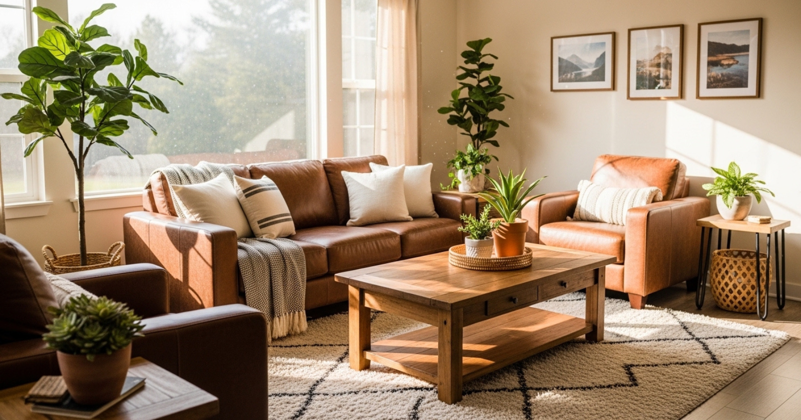 A living room with brown sofa, armchairs, wooden coffee table, rug, and decorative plants in natural light.
