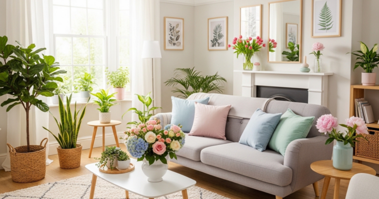 A living room decorated with fresh flowers, pastel cushions, plants, and natural light creating a bright and inviting space.