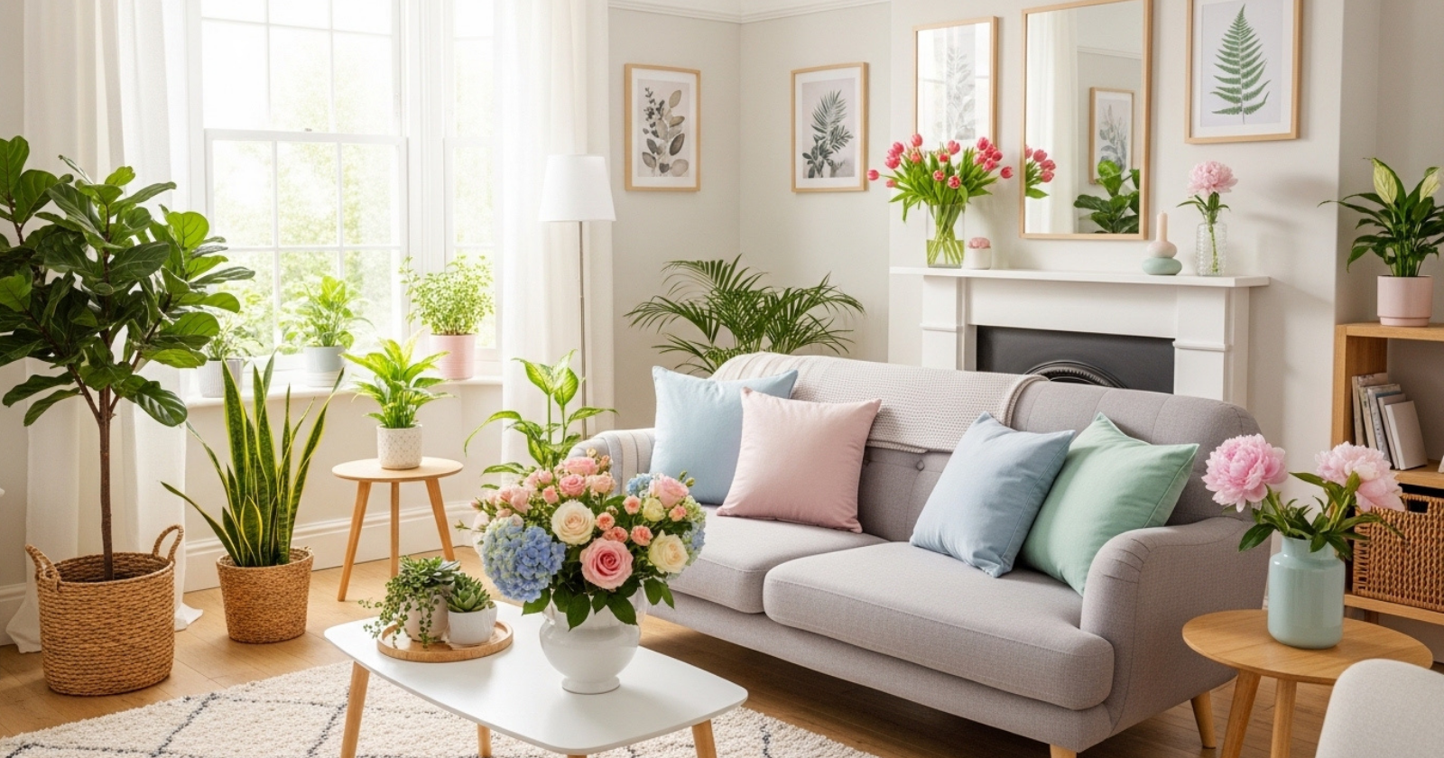A living room decorated with fresh flowers, pastel cushions, plants, and natural light creating a bright and inviting space.