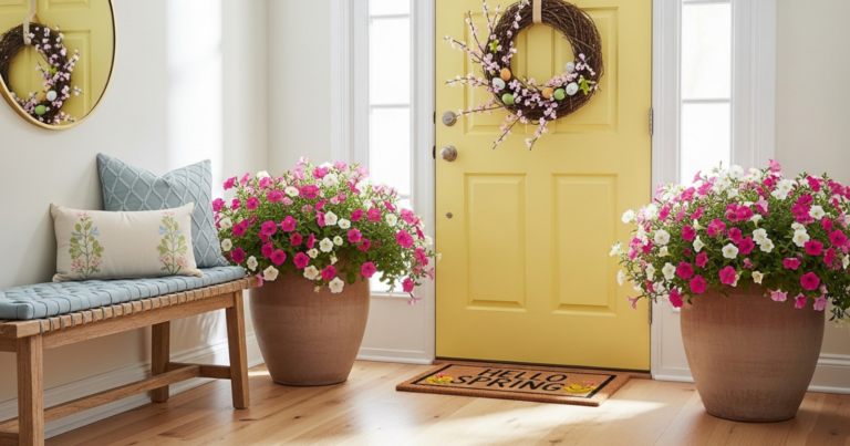 A bright entryway decorated with potted flowers, a pastel-colored door, a wooden bench with a pillow, and spring-themed decor items.