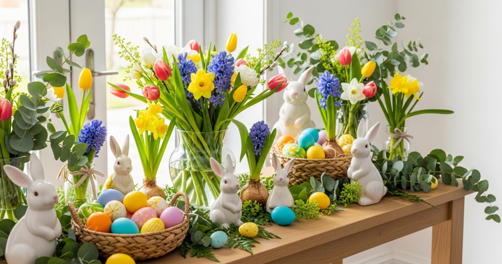 An entryway table decorated with Easter eggs, flowers, bunny figurines, and greenery in a bright, inviting space.