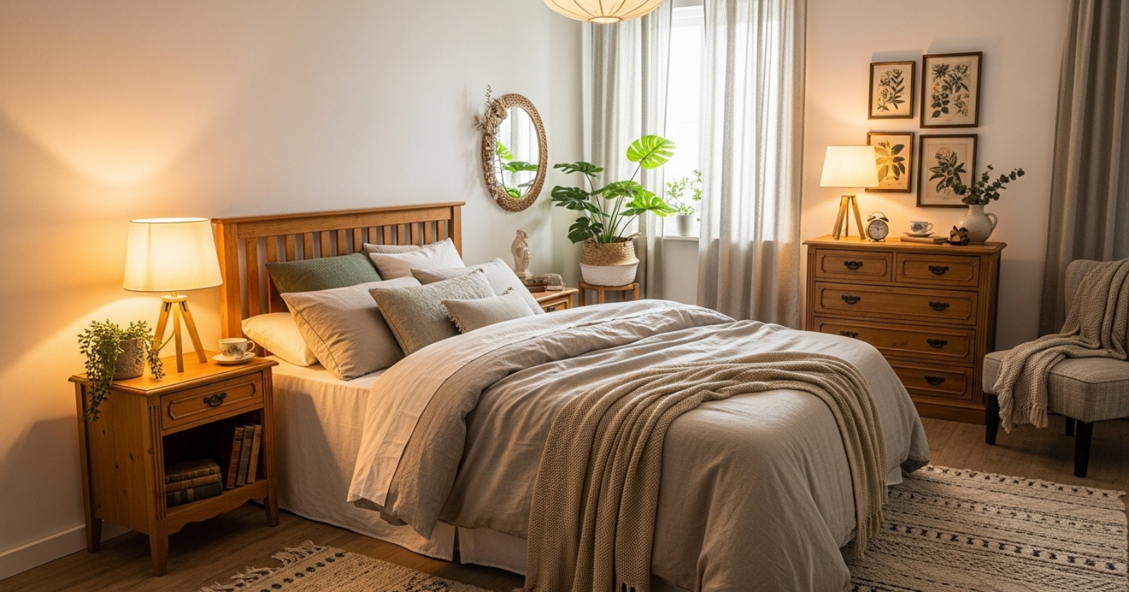 A cozy bedroom with a comfortable bed, wooden furniture, soft lighting, and decorative accents including plants and vintage-style decor.