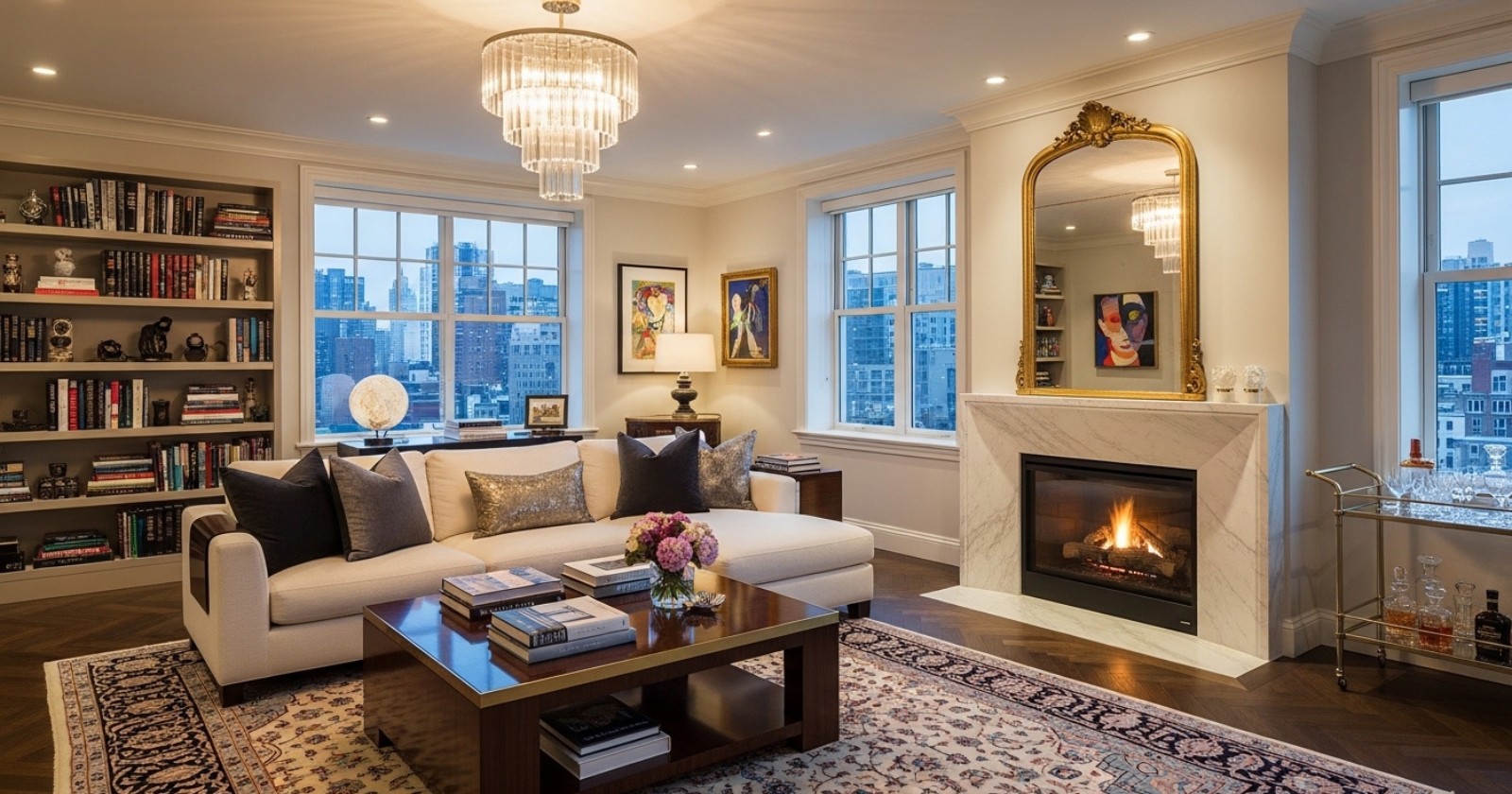 A spacious living room with ten seating areas including sofas and armchairs, decorated with plants, artwork, and large windows letting in natural light.