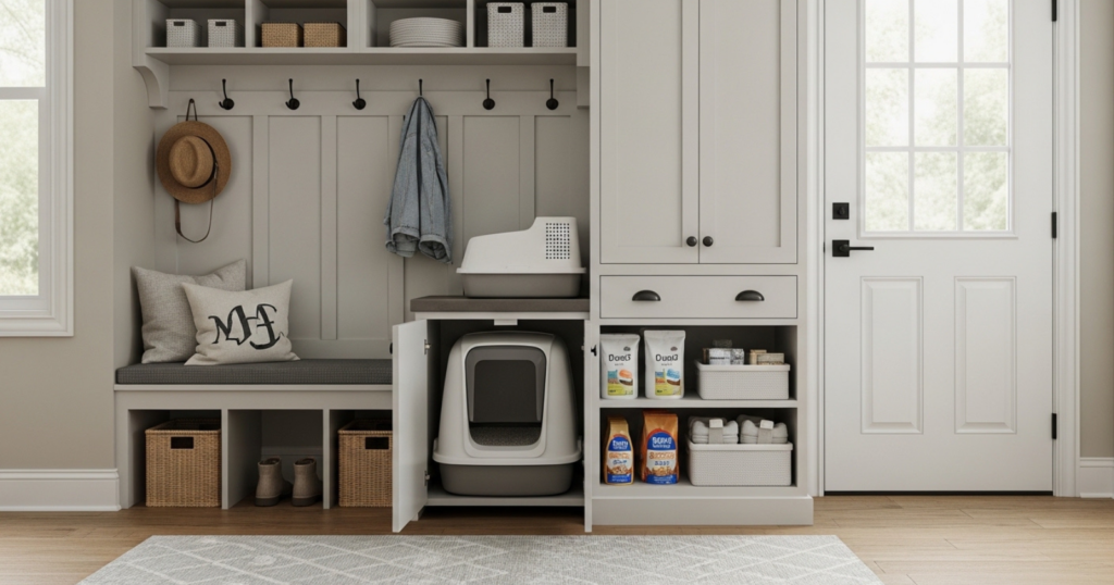 A tidy mudroom with multiple hidden litter boxes integrated into cabinets and benches, surrounded by pet supplies and storage.