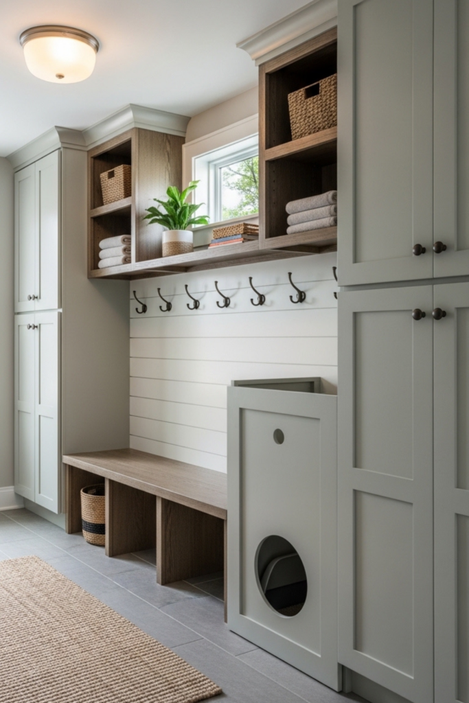 A mudroom with built-in cabinetry featuring a concealed door for a hidden litter box, surrounded by storage shelves, hooks, and a bench.