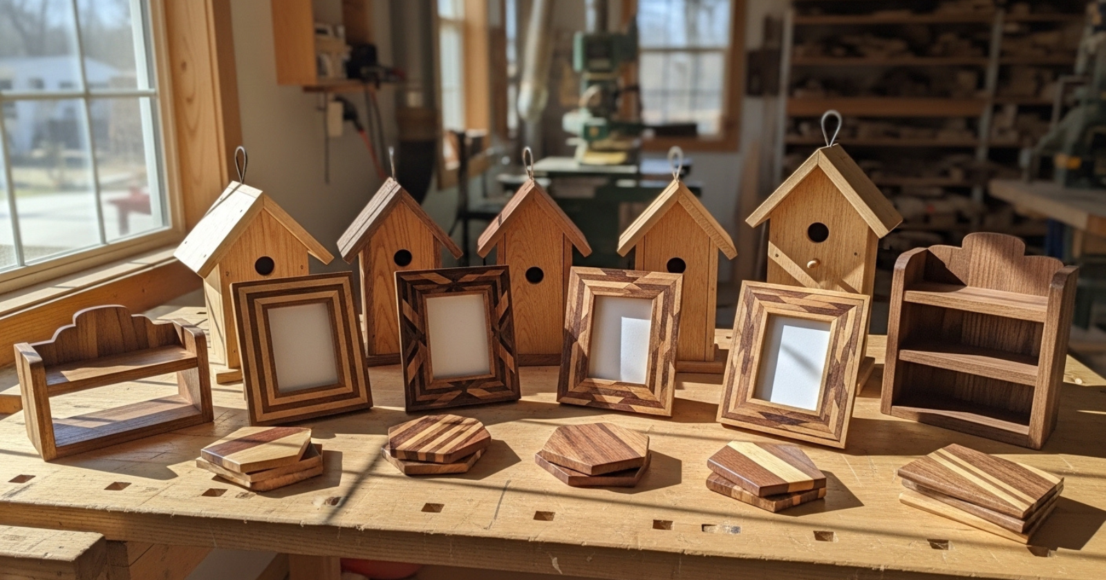 A workbench displaying twelve different handcrafted scrap wood projects including birdhouses, frames, coasters, and small shelves in a bright workshop setting.