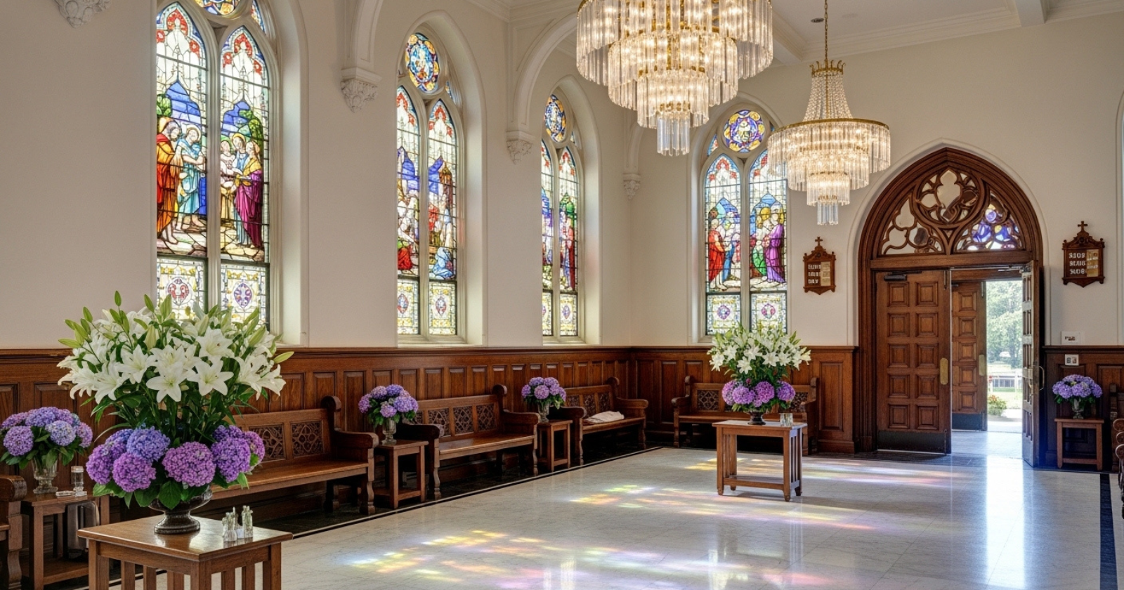 A church foyer decorated with flowers, wooden benches, stained glass windows, and a chandelier.