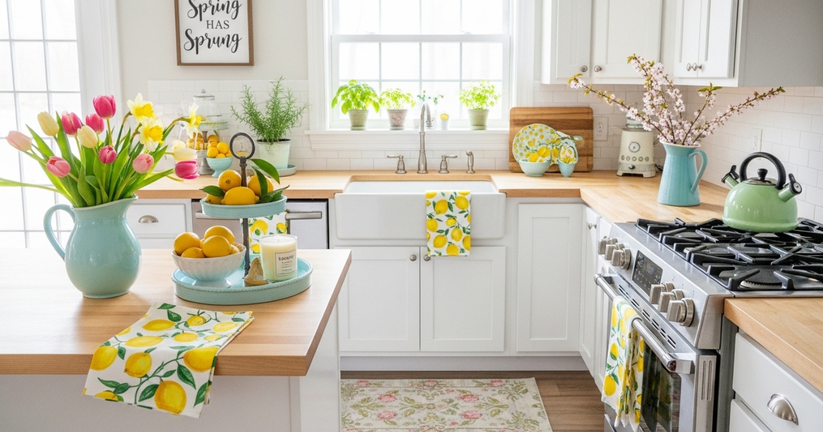 A bright kitchen with white cabinets, fresh spring flowers, green herbs, pastel bowls, and citrus fruits on the countertop.