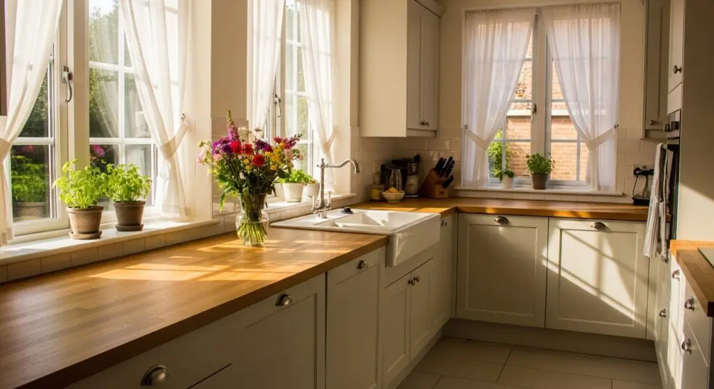 A sunlit kitchen with large windows covered by sheer white curtains, a wooden countertop with fresh flowers, and light-colored cabinets.
