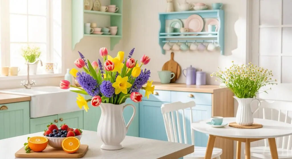 A bright kitchen decorated with spring flowers, pastel colors, and fresh fruits on the countertop.