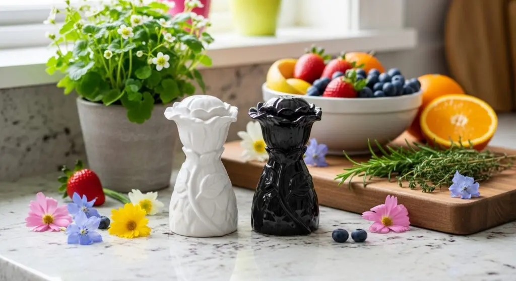 A kitchen countertop with flower-shaped salt and pepper shakers surrounded by spring decor, including potted plants and fresh fruit.