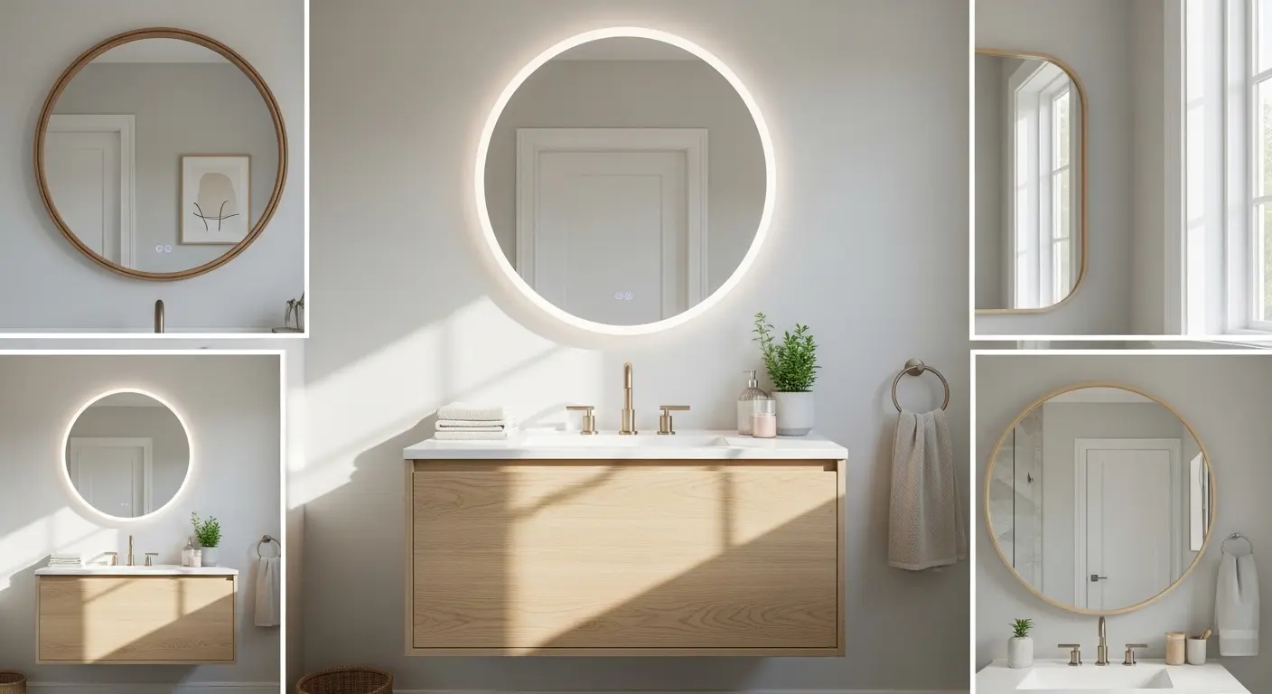 A small bathroom with nine different mirrors of various shapes and frames arranged on the walls, featuring a sink, plants, and natural lighting.