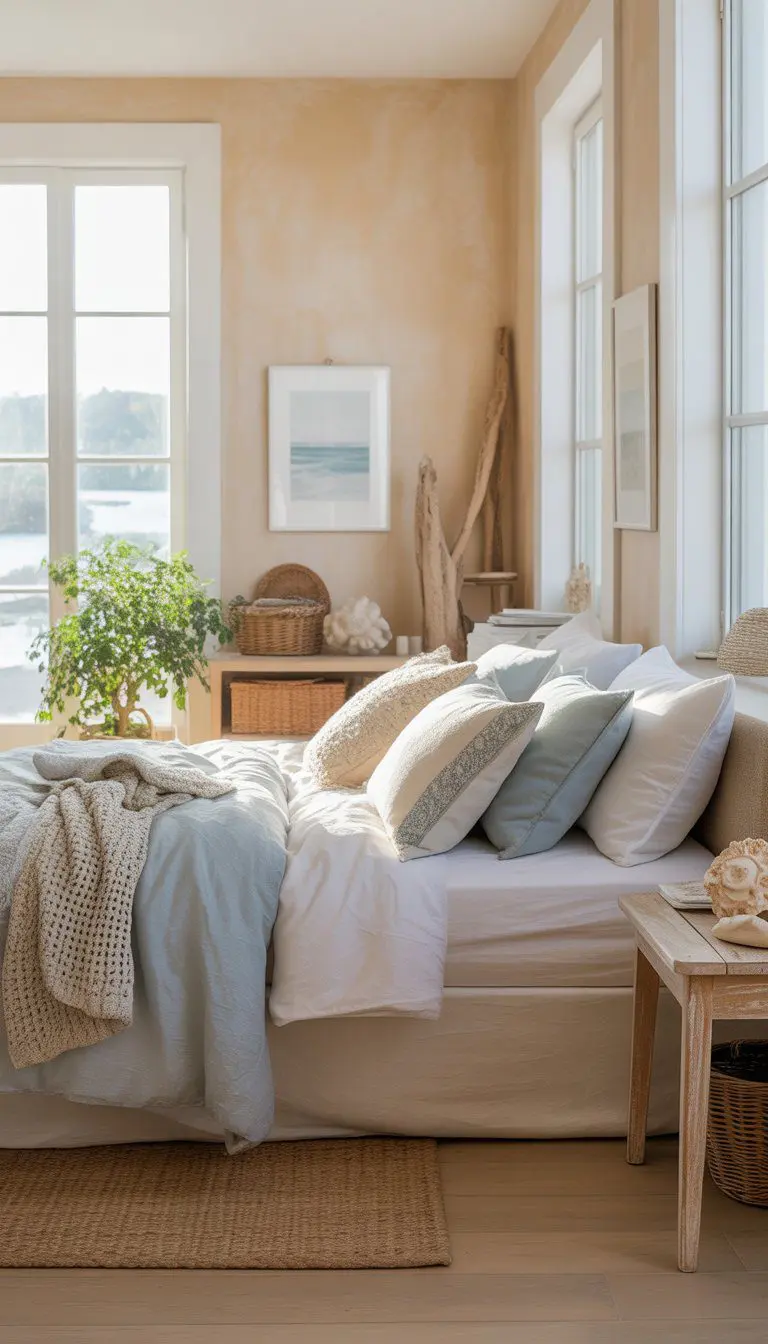 A bright bedroom with beige walls, white trim, a bed with light linens, natural wood furniture, and a green plant near the window.