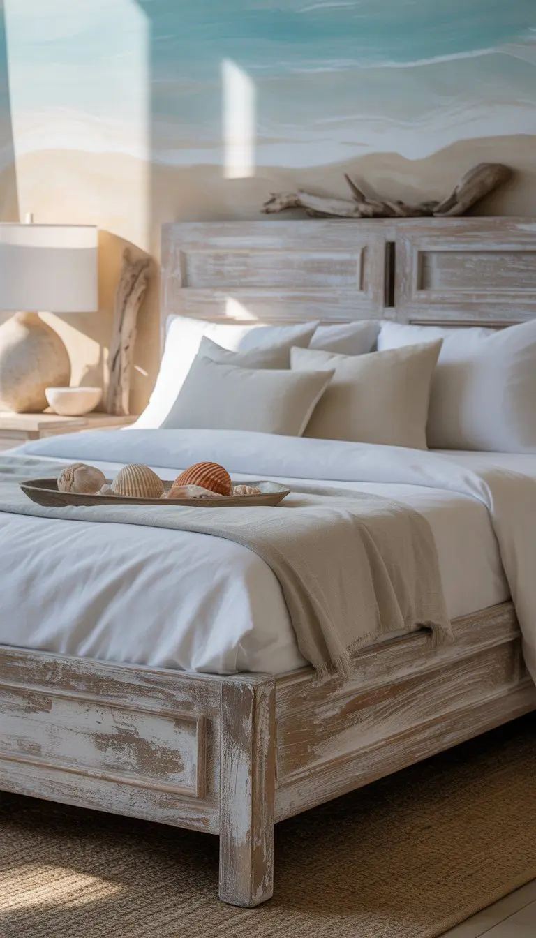 A bedroom with a weathered wood bed frame, white bedding, and coastal decor elements in soft natural light.