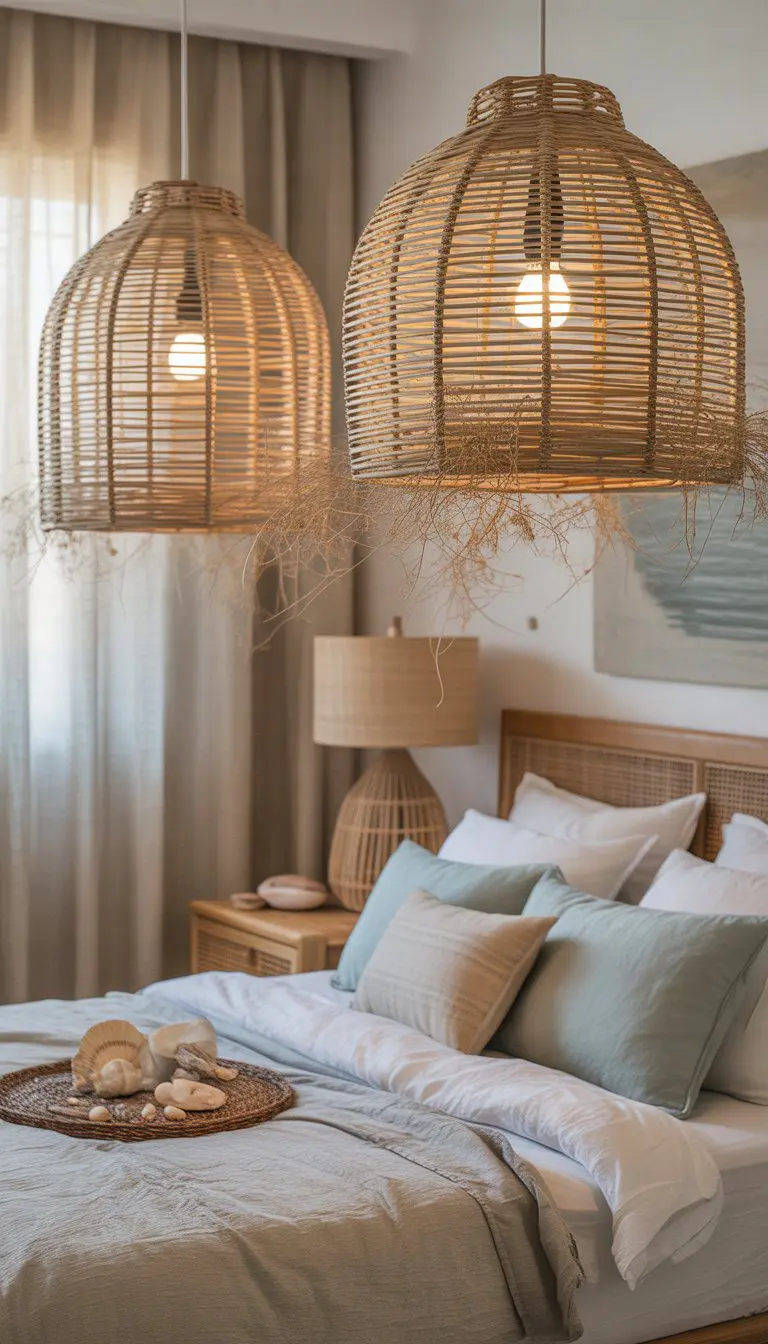 A bright bedroom with rattan pendant lights hanging above a bed, featuring light bedding and natural wood furniture.