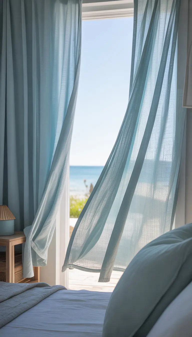 A bedroom with light blue and white linen curtains flowing gently by an open window with sunlight coming through.