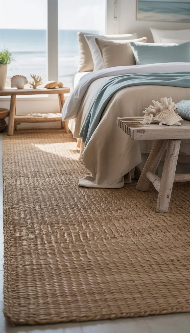 A bright coastal bedroom with a bed, woven seagrass area rugs on the floor, driftwood furniture, and natural light coming through large windows.