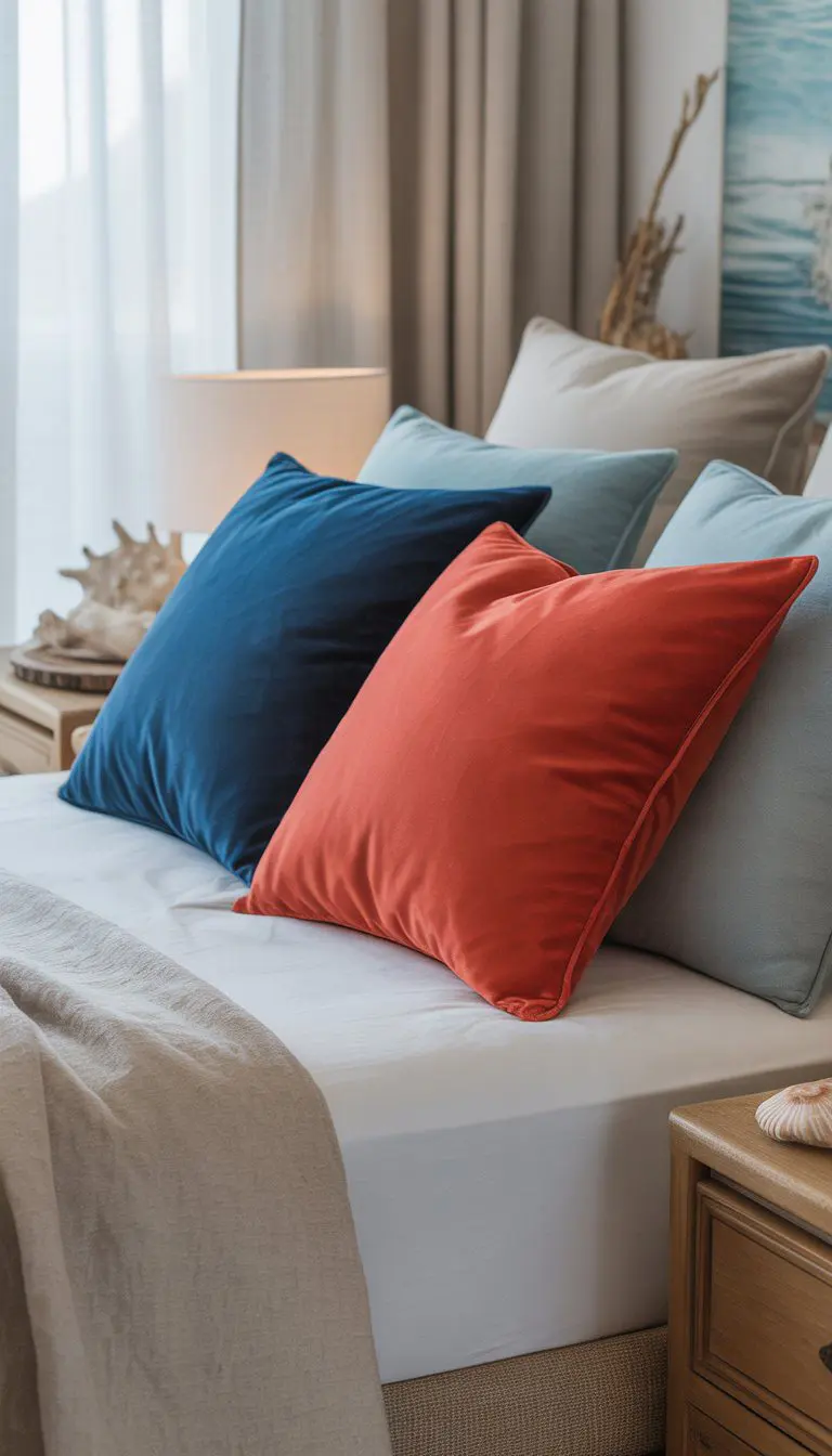 A bedroom with a bed featuring navy blue and coral throw pillows against neutral-colored bedding and decor.