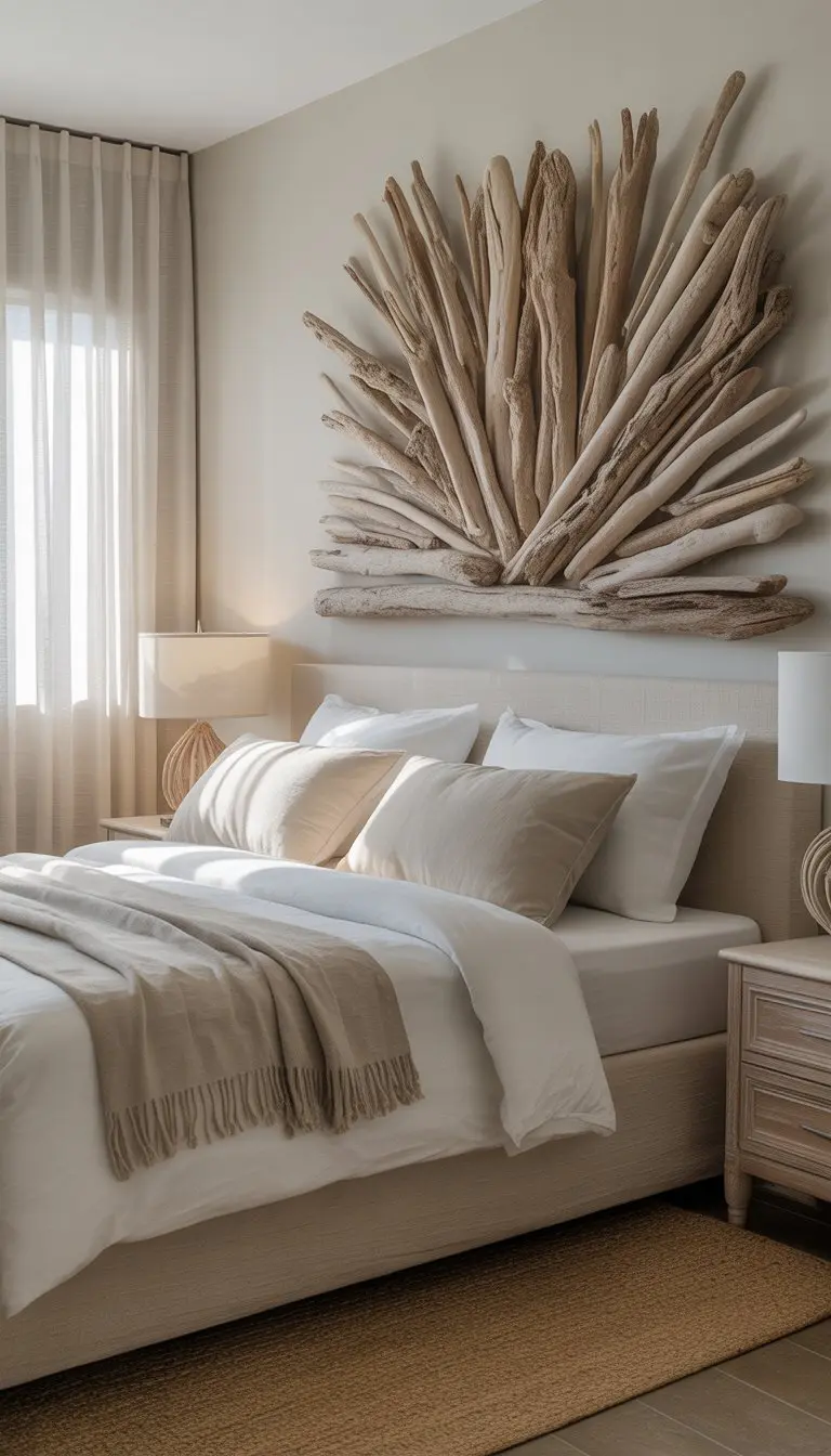 A coastal bedroom with driftwood wall art above a bed, soft natural light, and light-colored furniture.