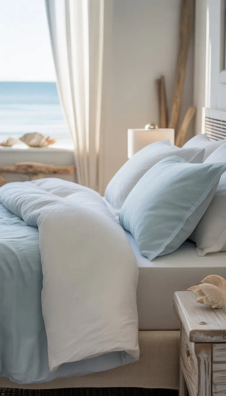 A bright coastal bedroom with a neatly made bed featuring white and pale blue cotton bedding, natural light, and beach-inspired decor.