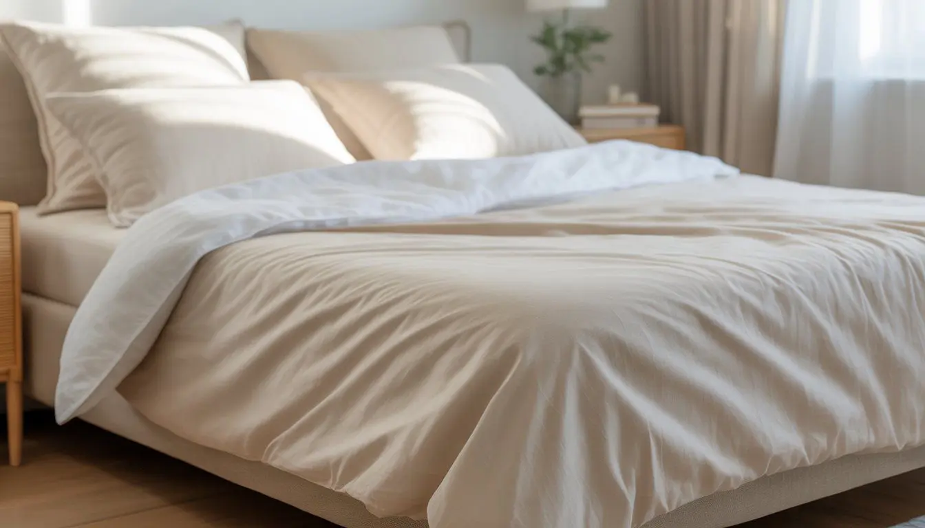 A bright bedroom with a bed made of white and off-white cotton sheets illuminated by natural sunlight, featuring simple decor and a peaceful atmosphere.