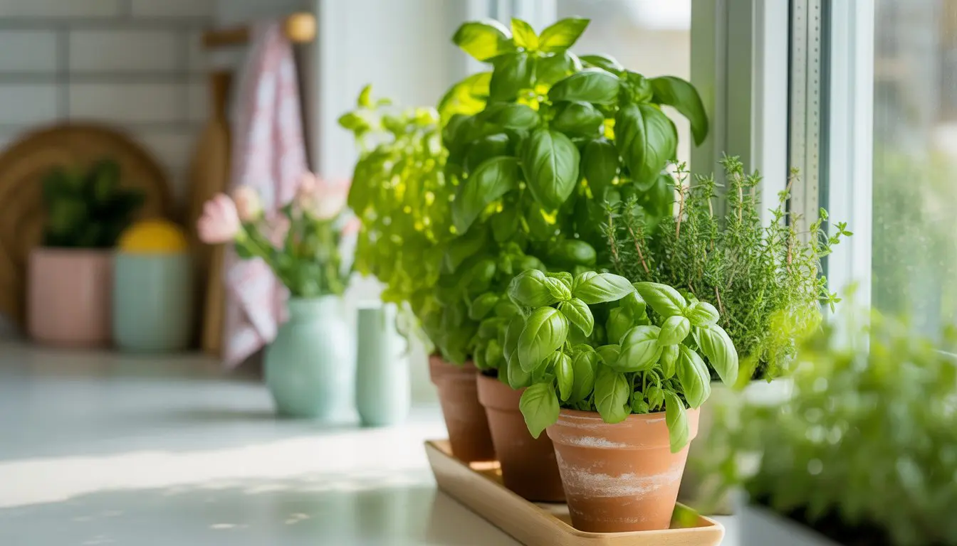 A bright kitchen windowsill with small pots of basil, mint, and thyme plants in sunlight.