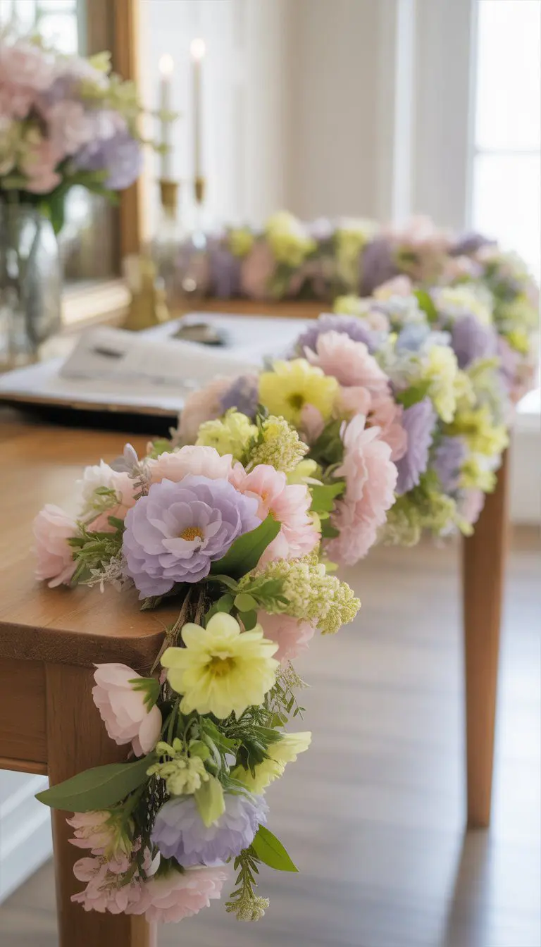 A soft pastel floral garland arranged elegantly on an entryway table.