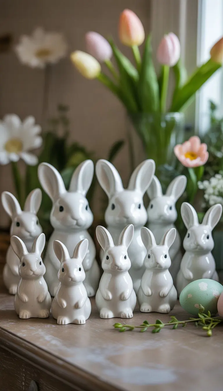Twelve small white ceramic bunny figurines arranged on a table decorated with Easter eggs and spring flowers.